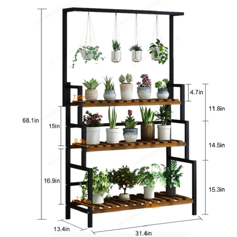 3 Tier Metal Plant Stand with Hanging Basket - Indoor Display Rack for Flower Pot Decor - Farefe