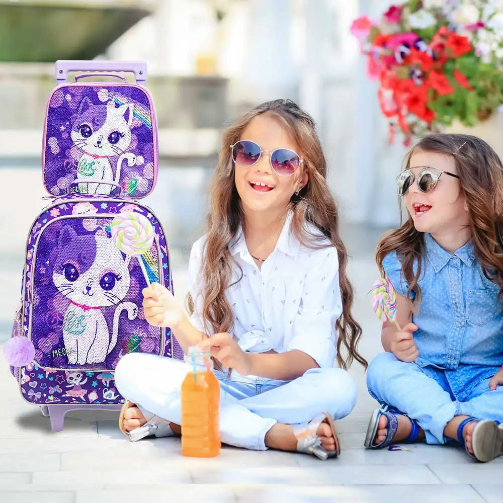 3PCS Rolling Backpack for Girls Kids Roller Wheels Bookbag with Lunch Bag Purple Cat Pattern Design - Farefe