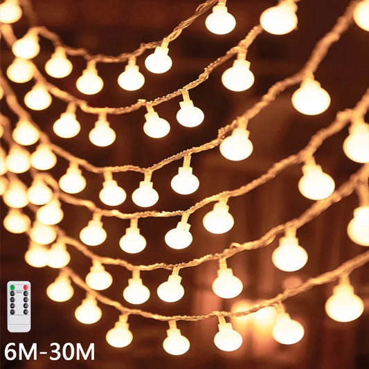 6M-30M LED Fairy String Lights Outdoor Ball Garland Bulb Party Wedding Garden Christmas Decor - Farefe