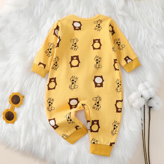 hibobi 100% Cotton Newborn Jumpsuit Cute Animal Patterns Round Neck Baby Crawling Suit 0-18m Toddler Onesie - Farefe