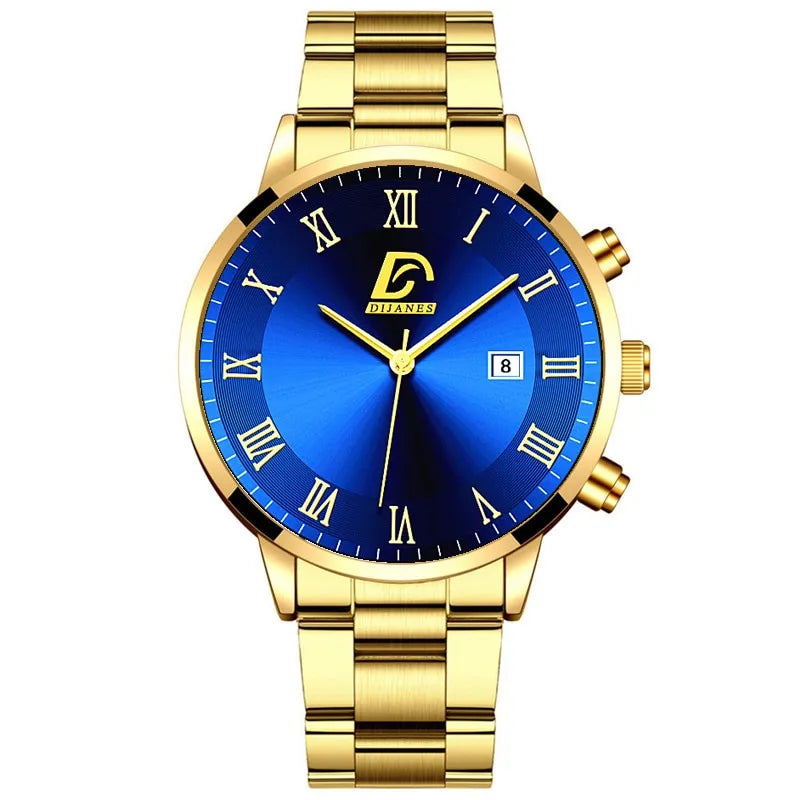 Fashion Gold Stainless Steel Men's Quartz Wristwatch Casual Business Calendar Reloj Hombre - Farefe