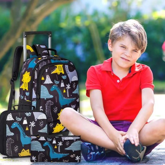 3PC Kids Rolling Backpack - Boys Roller Bookbag with Wheeled School Bag and Lunch Bag - Dinosaur - Farefe