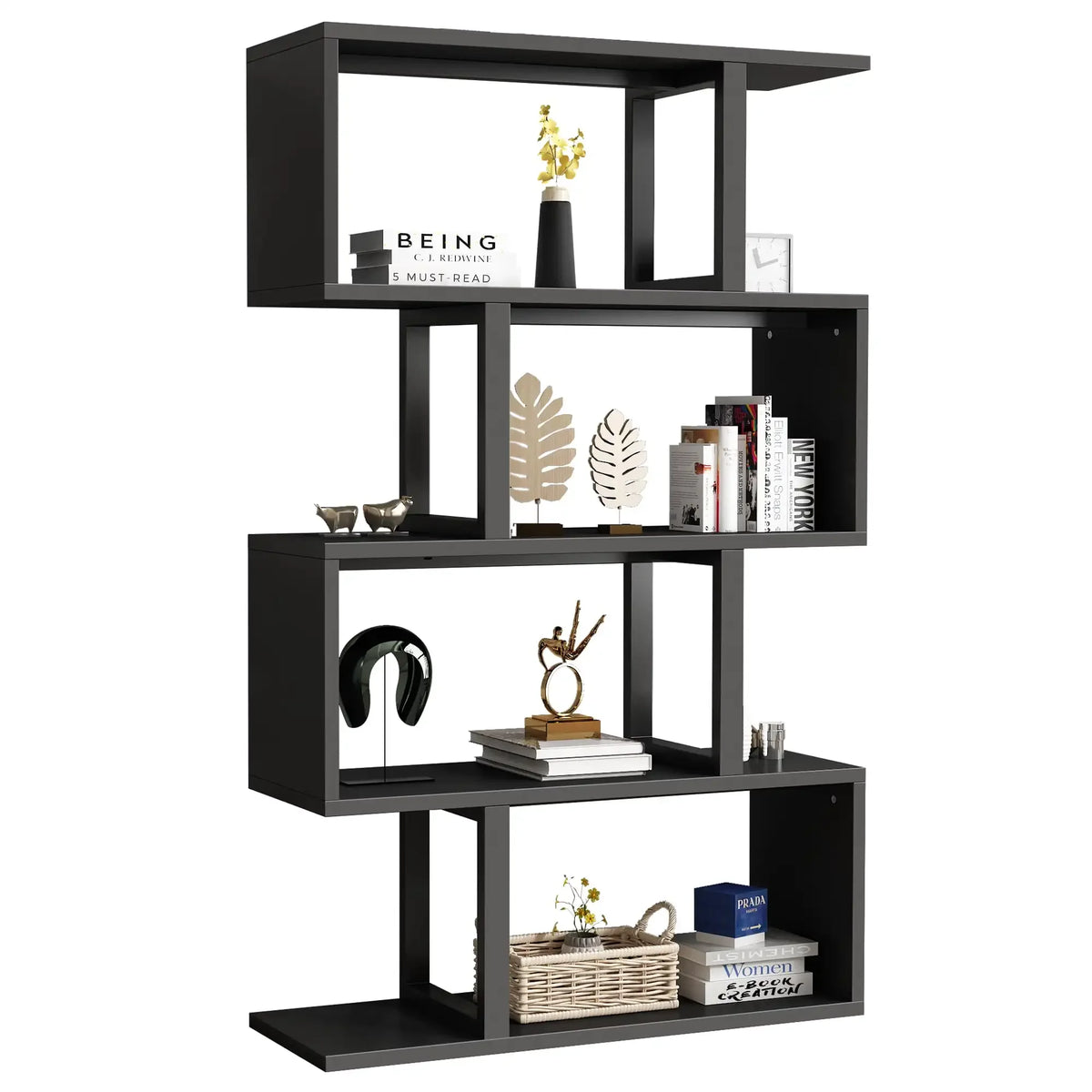 5-Tier Bookshelves and Bookcase, Z-Shelf Modern Freestanding Decorative Storage Shelves for Bedroom Living Room Home Office, Gold - Farefe