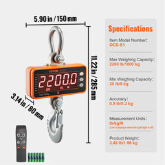 VEVOR 1000/3000/5000 kg Digital Crane Scale with Remote Control LED Screen - Farefe