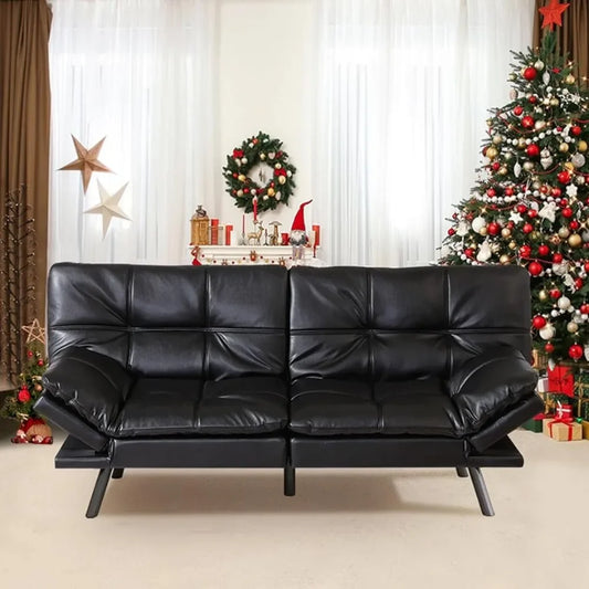 Convertible Futon Sofa Bed, Memory Foam Loveseat, Sleeper Sofa Lounger - Compact Living, Black Leather - Farefe
