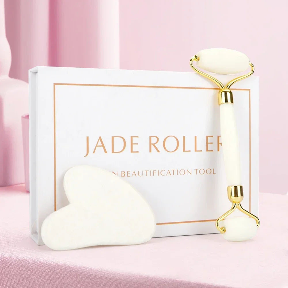 Natural Jade Stone Roller Facial Massager and Gua Sha Scraper Set for Face and Body Massage - Farefe