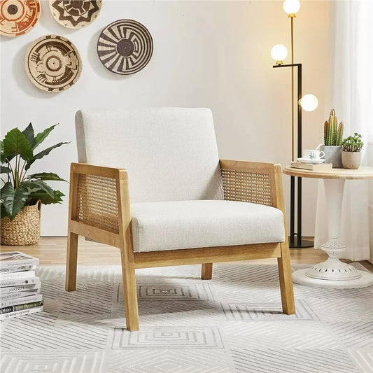 Fashion Fabric Upholstered Accent Chair with Rattan Sides for Living Rooms, Beige - Farefe