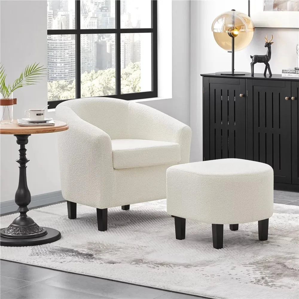 Barrel Accent Chair with Ottoman, Ivory Boucle Fabric - Farefe