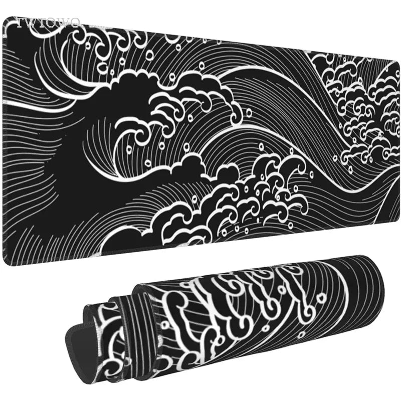 Black And White Japanese Waves Mouse Pad Gamer XL Custom Home HD Mousepad XXL keyboard pad Office Non-Slip Computer Mouse Mats - Farefe