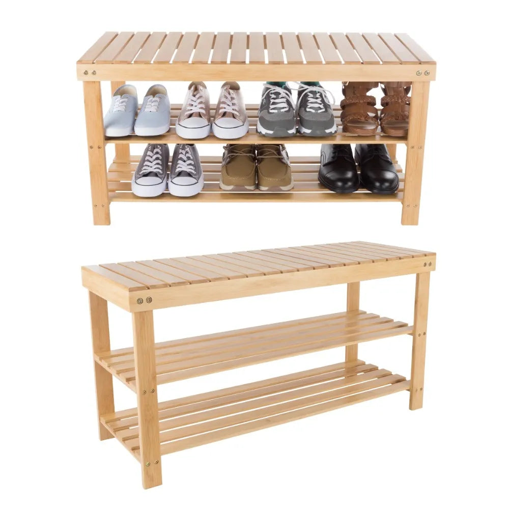 Boussac Bamboo Shoe Rack Bench - 2 Shelves, Natural Wood, Eco-Friendly - Bedroom, Entryway, Hallways - Farefe