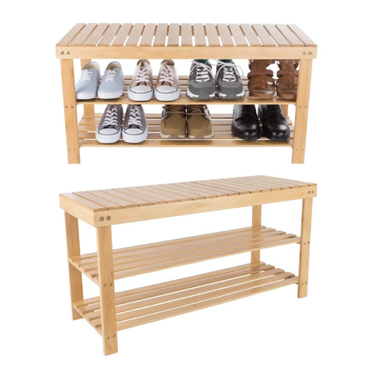 Boussac Bamboo Shoe Rack Bench - 2 Shelves, Natural Wood, Eco-Friendly - Bedroom, Entryway, Hallways - Farefe