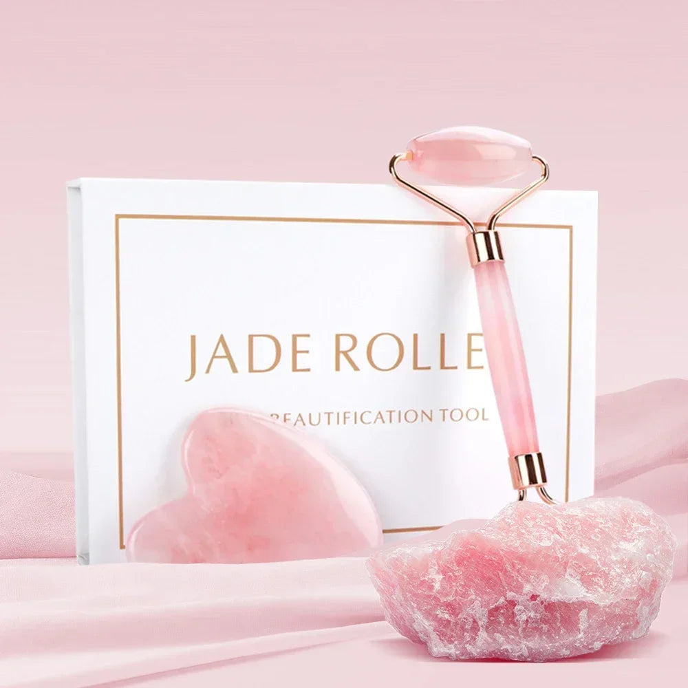 Natural Jade Stone Roller Facial Massager and Gua Sha Scraper Set for Face and Body Massage - Farefe