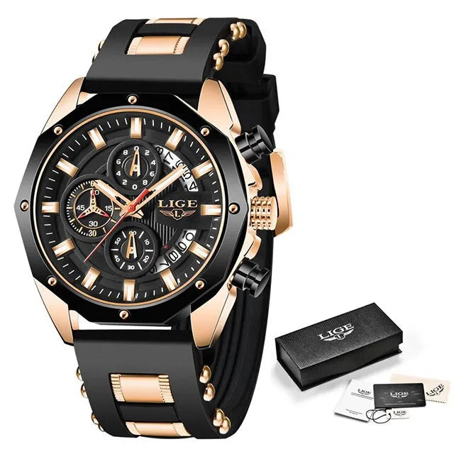 LIGE Men's Luxury Silicone Sport Watch - Quartz, Waterproof, Chronograph - Farefe