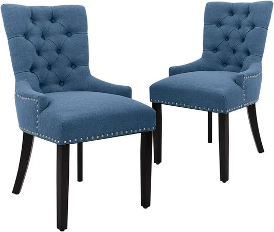 Modern Elegant Button Tufted Upholstered Fabric with Stud Head Trim Dining Chair, Blue - Farefe