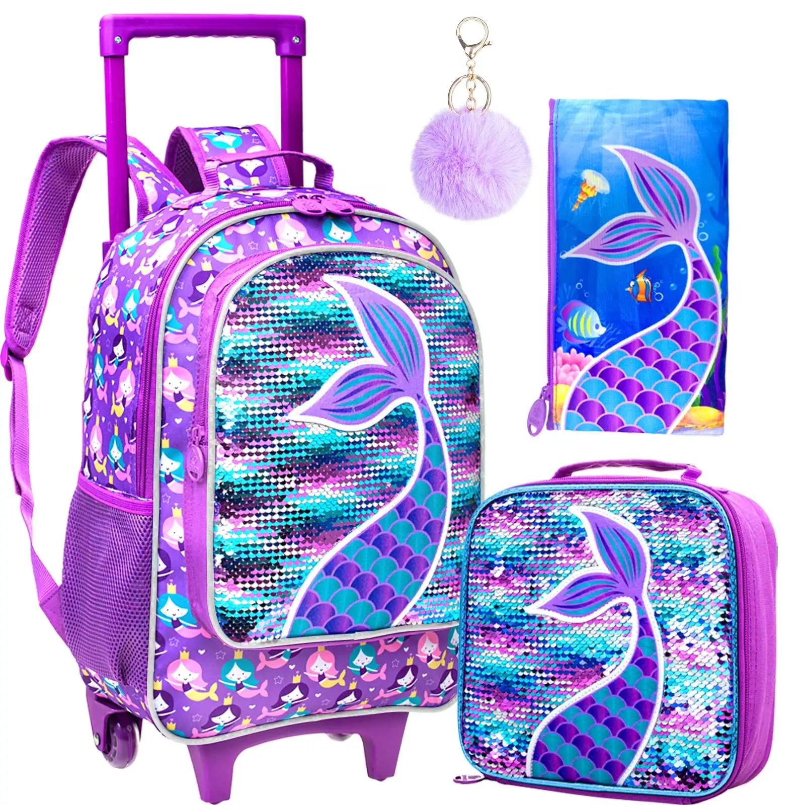 3PCS Rolling Backpack for Girls Kids Roller Wheels Bookbag with Lunch Bag Pink Fishtail Glow-in-the-dark - Farefe