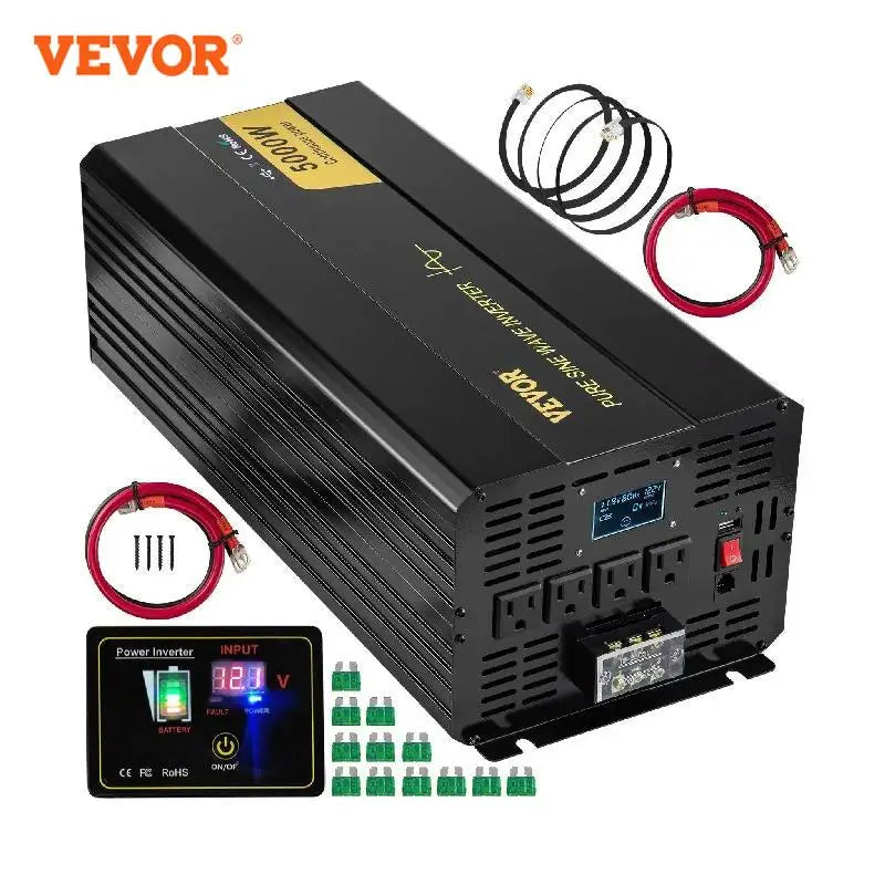 VEVOR Power Inverter 12V DC to 120V AC 5000W Pure Sine Wave LCD Screen & LED Indicators Aluminum Alloy for Laptop Fan Grinder - Farefe