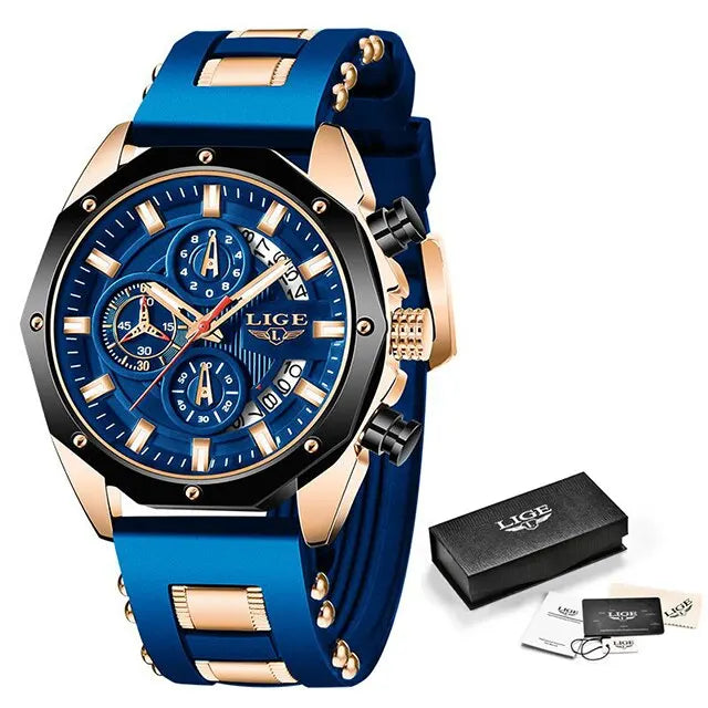 LIGE Men's Luxury Silicone Sport Watch - Quartz, Waterproof, Chronograph - Farefe