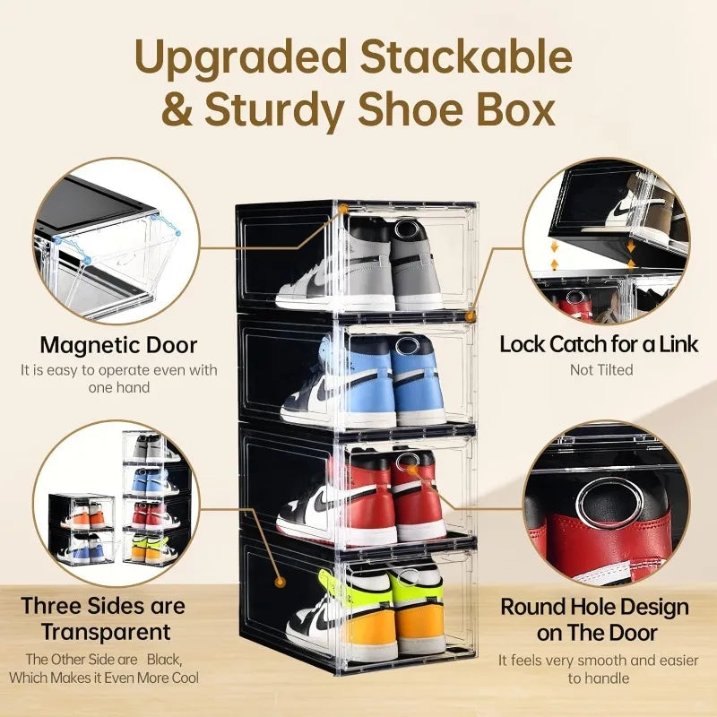 10 Pack Shoe Boxes Stackable, Upgraded Sturdy Shoe Storage Boxes with Clear Magnetic Door - Farefe