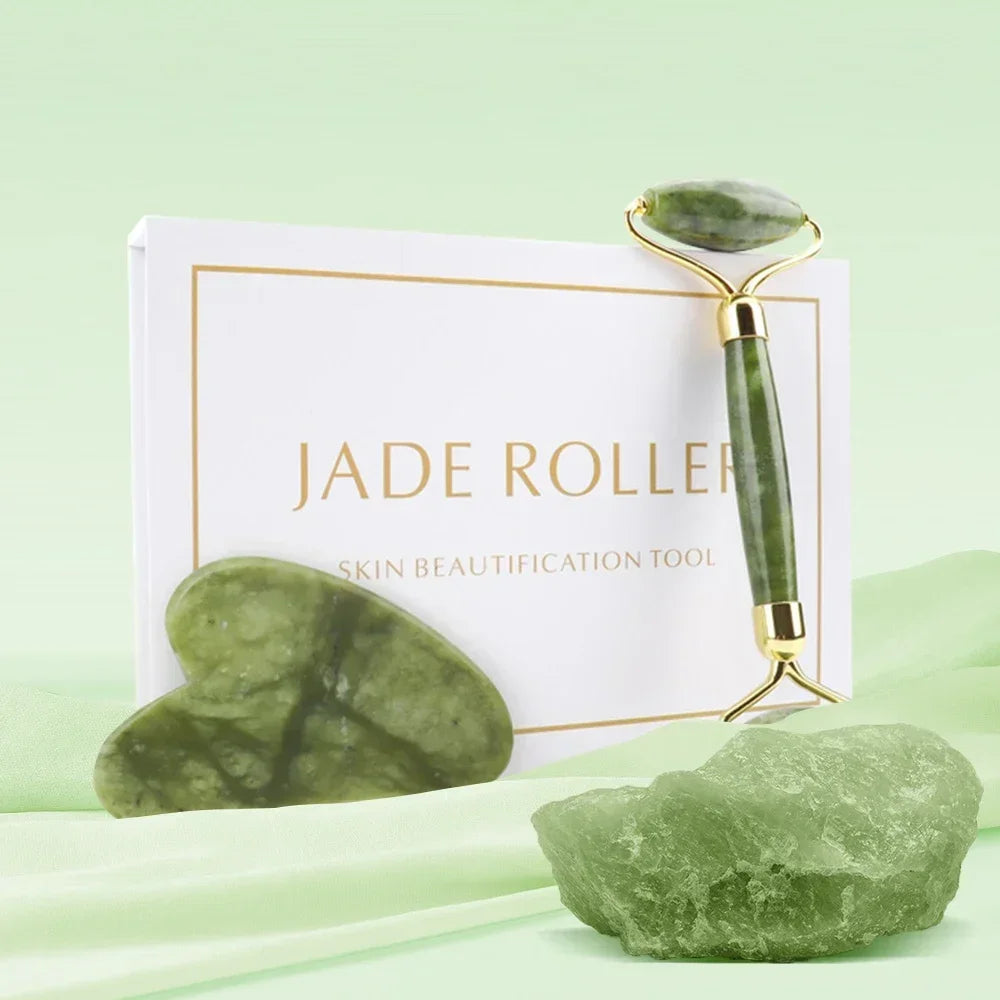 Natural Jade Stone Roller Facial Massager and Gua Sha Scraper Set for Face and Body Massage - Farefe