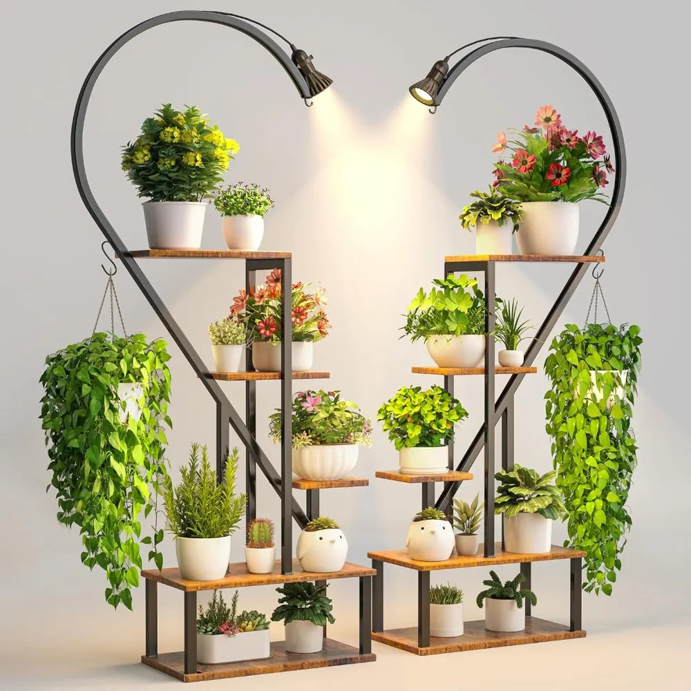 Flower Pots Stand, Tall Tiered Metal Plant Stand with Grow Lights for Indoor Plants, Heart Shape Plant Rack - Farefe