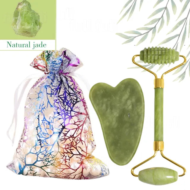 Natural Jade Roller and Gua Sha Set - Anti-wrinkle Facial Beauty Tools - Farefe