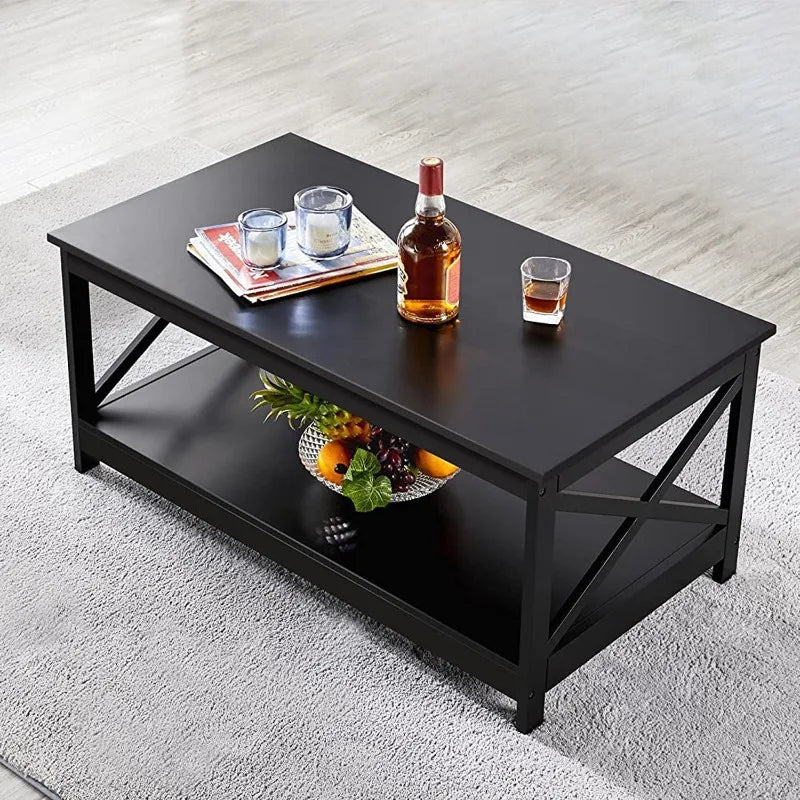 Coffee Table Living Room Furniture with Storage Shelf, Black - Farefe