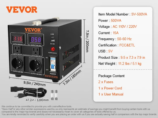 VEVOR Voltage Converter Transformer 500VA-5000VA Heavy Duty Step Up/Down Transformer with US&EU Outlet 5V USB Port CE Certified - Farefe