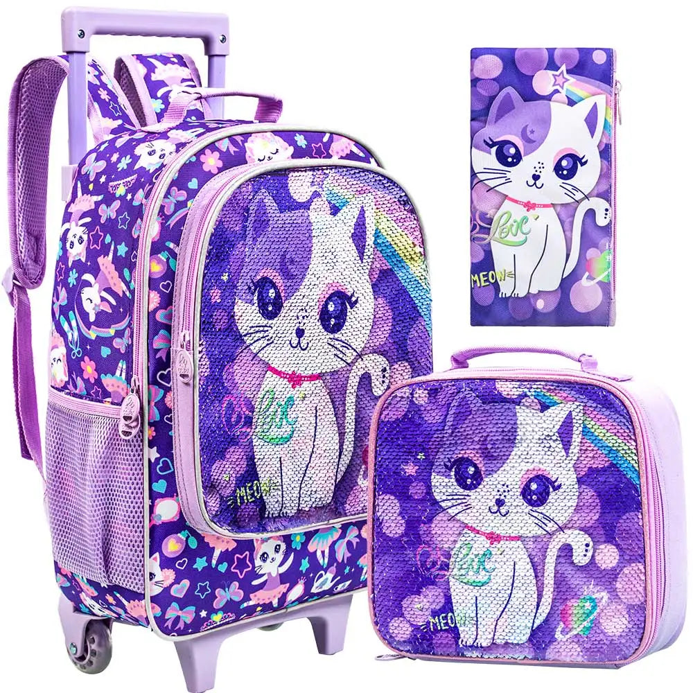 3PCS Rolling Backpack for Girls Kids Roller Wheels Bookbag with Lunch Bag Purple Cat Pattern Design - Farefe