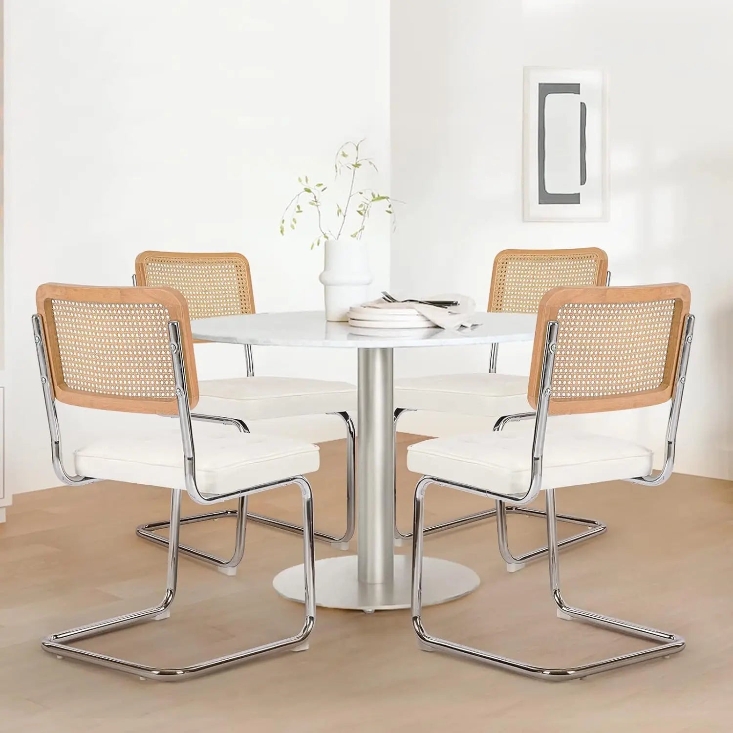 COLAMY Velvet Rattan Dining Chairs Set of 4, Mid Century Modern Dining Room Kitchen Side Chairs with Metal Chrome Legs - Farefe