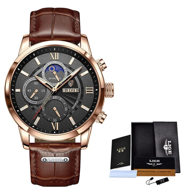 LIGE 2023 Luxury Brown Leather Casual Quartz Watch Men - Waterproof Chronograph - Farefe