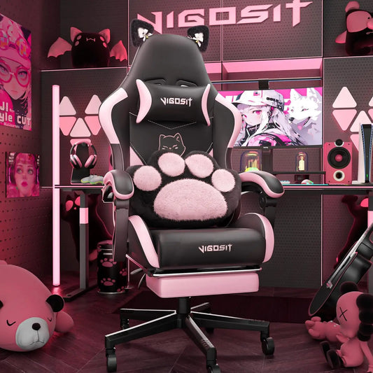 Pink Gaming Chair With Cat Paw Lumbar Cushion and Cat Ears - Farefe
