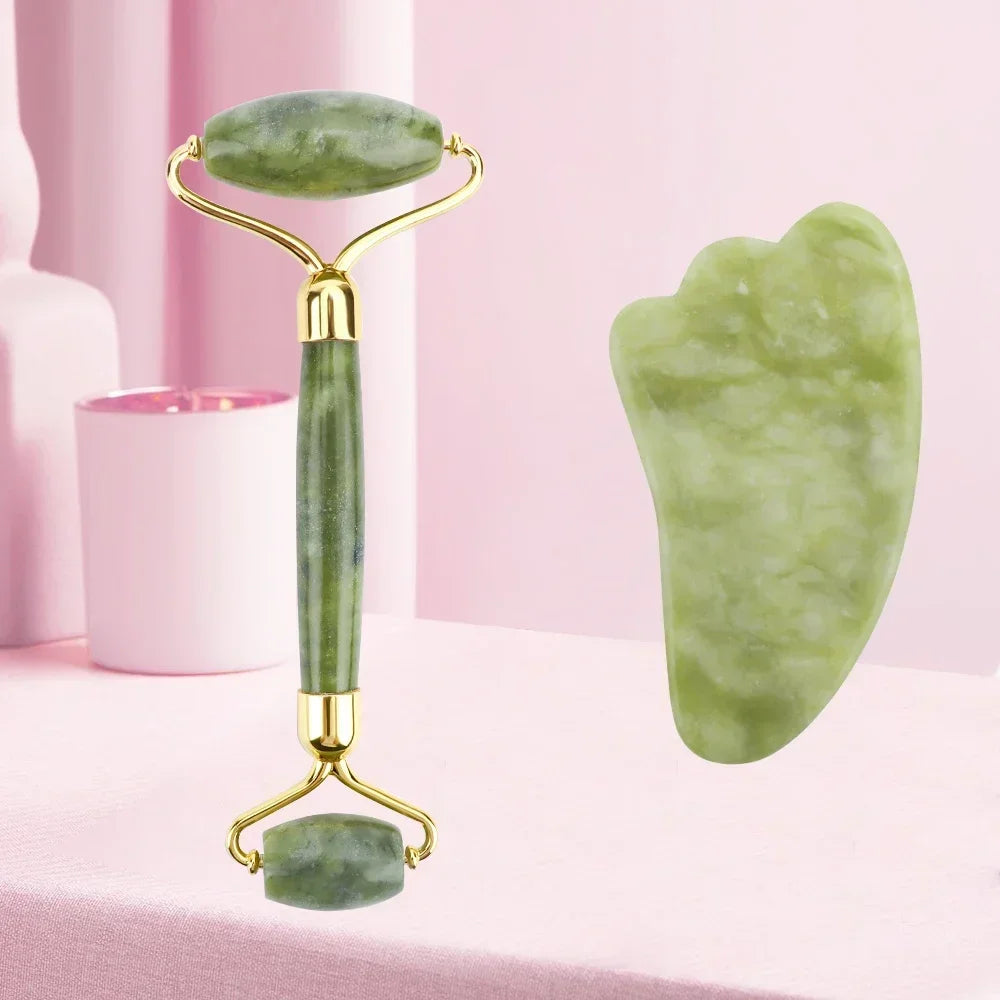 Natural Jade Stone Roller Facial Massager and Gua Sha Scraper Set for Face and Body Massage - Farefe