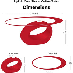 Red Oval Glass Coffee Table, XMSJ Brand, 43.5" x 25.5" x 16", Made in Mainland China