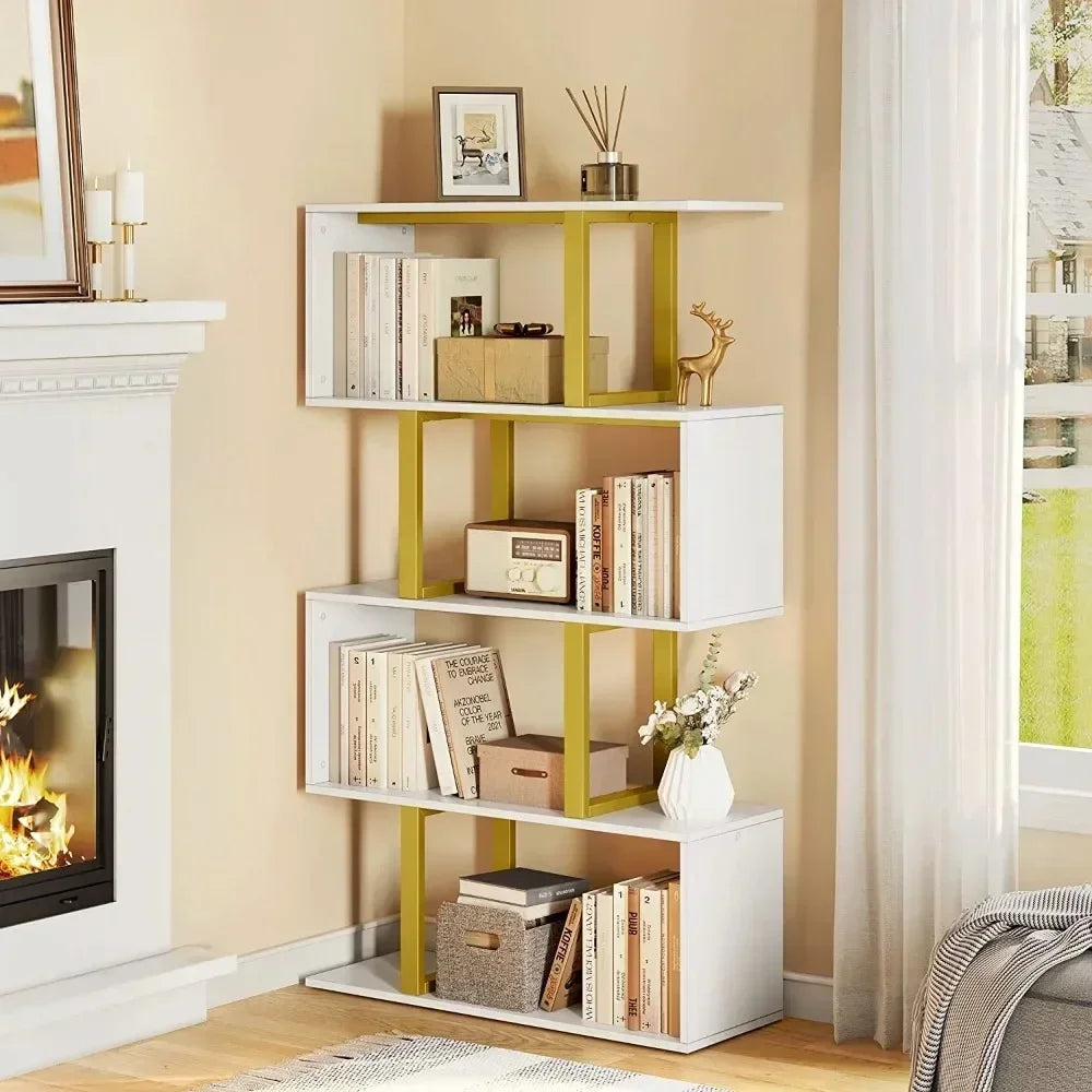 5-Tier Bookshelves and Bookcase, Z-Shelf Modern Freestanding Decorative Storage Shelves for Bedroom Living Room Home Office, Gold - Farefe