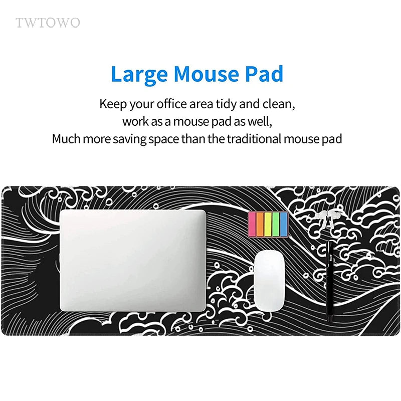 Black And White Japanese Waves Mouse Pad Gamer XL Custom Home HD Mousepad XXL keyboard pad Office Non-Slip Computer Mouse Mats - Farefe