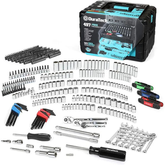 497-Piece Mechanics Tool Set with 90-Tooth Ratchet and Wrench Set in 3 Drawer Tool Box - Farefe