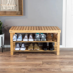 Boussac Bamboo Shoe Rack Bench - 2 Shelves, Natural Wood, Eco-Friendly - Bedroom, Entryway, Hallways - Farefe
