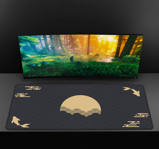 Japanese Desk Mat Black & Red Mouse Pad Koi Fish Sun Cloud Japan Art Seal Sunrise Large XXL Gaming Deskmat Rubber Mousepad - Farefe