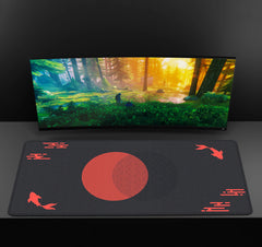 Japanese Desk Mat Black & Red Mouse Pad Koi Fish Sun Cloud Japan Art Seal Sunrise Large XXL Gaming Deskmat Rubber Mousepad - Farefe