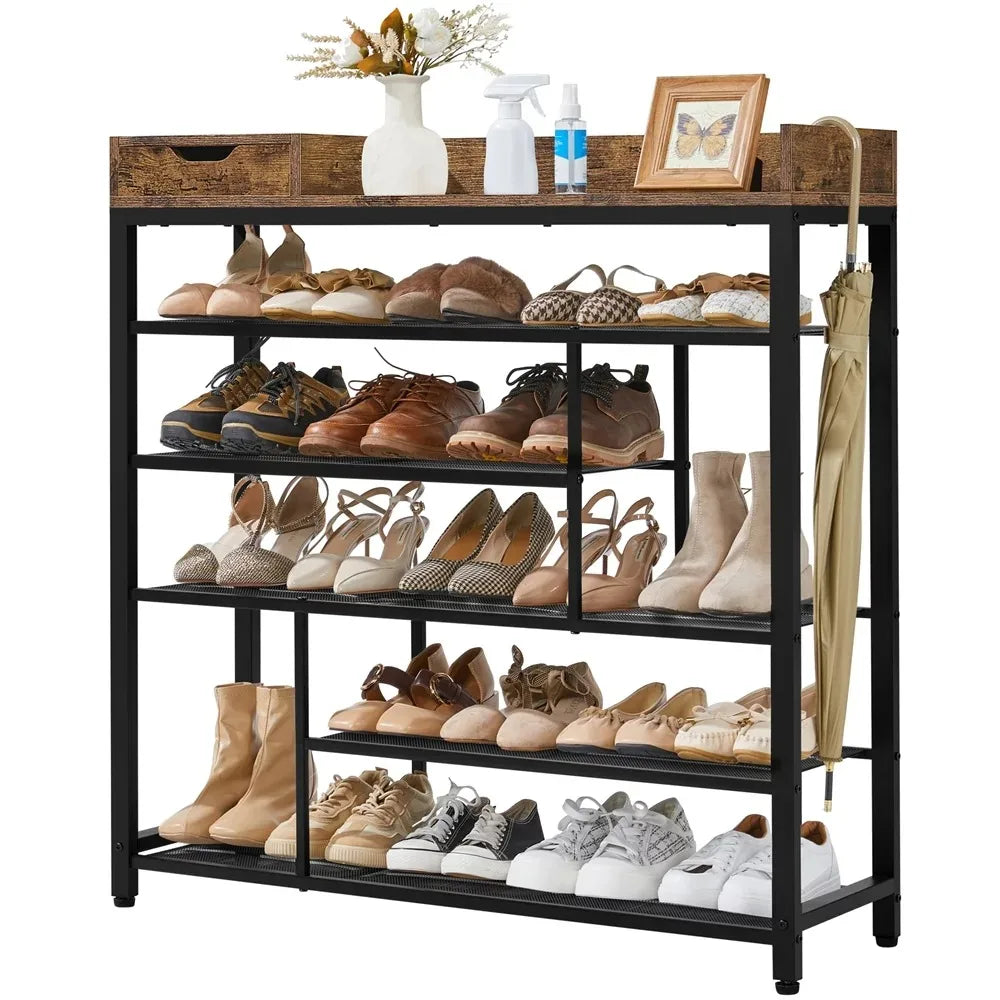 6-Tier Shoes Rack Organizer with Wooden Top, Rustic Brown - BOUSSAC - Farefe