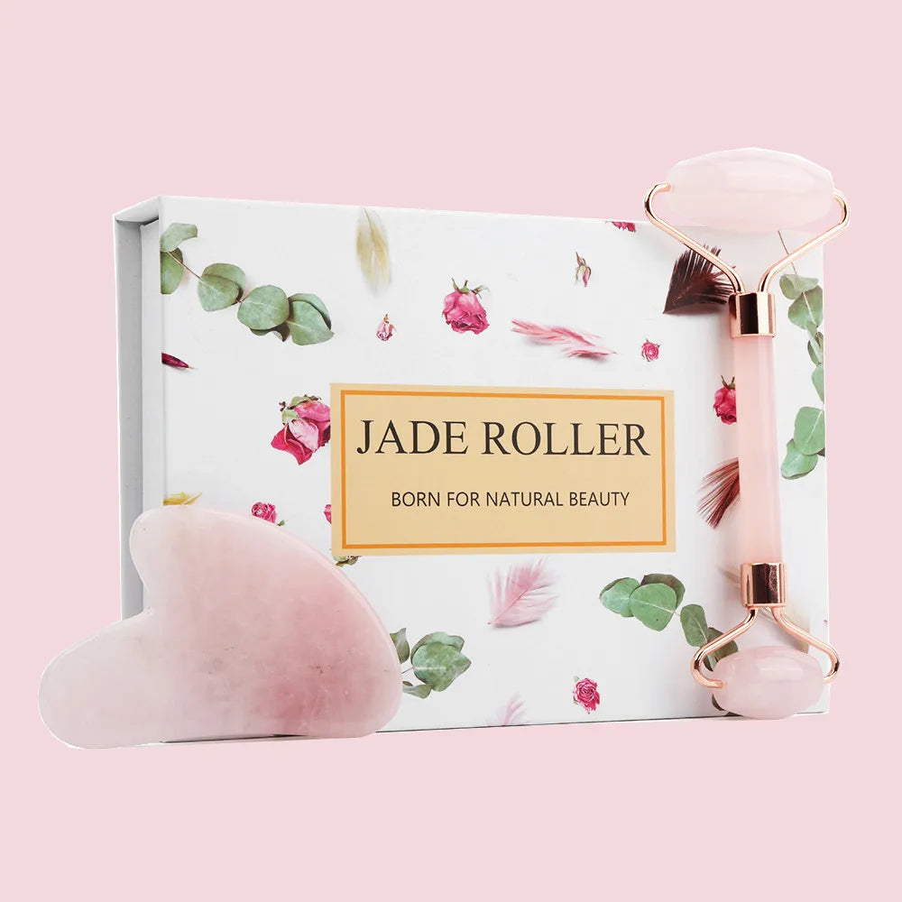 Natural Jade Stone Roller Facial Massager and Gua Sha Scraper Set for Face and Body Massage - Farefe