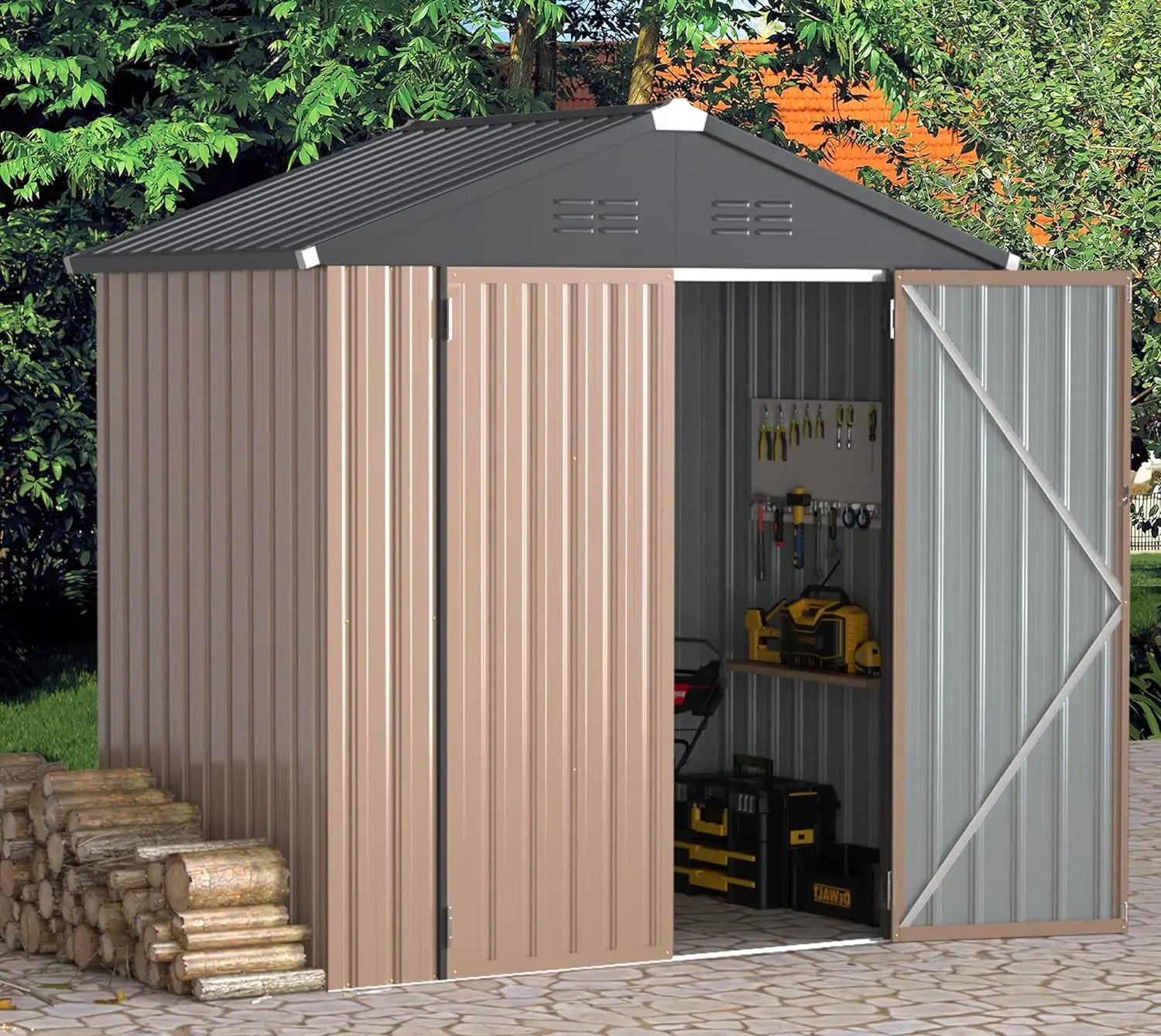 Metal Outdoor Storage Shed, Lockable Bike Shed, Garden Shed & Tool Shed for Backyard, Patio, Lawn, Brown/White - Farefe