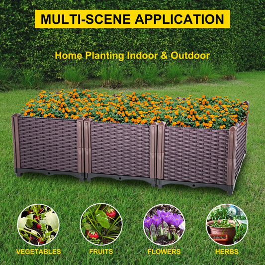VEVOR Plastic Raised Garden Beds In/Outdoor 20.5"H/14.5"H Flower Box Kit Brown Rattan Style Set of 3/4 - Farefe