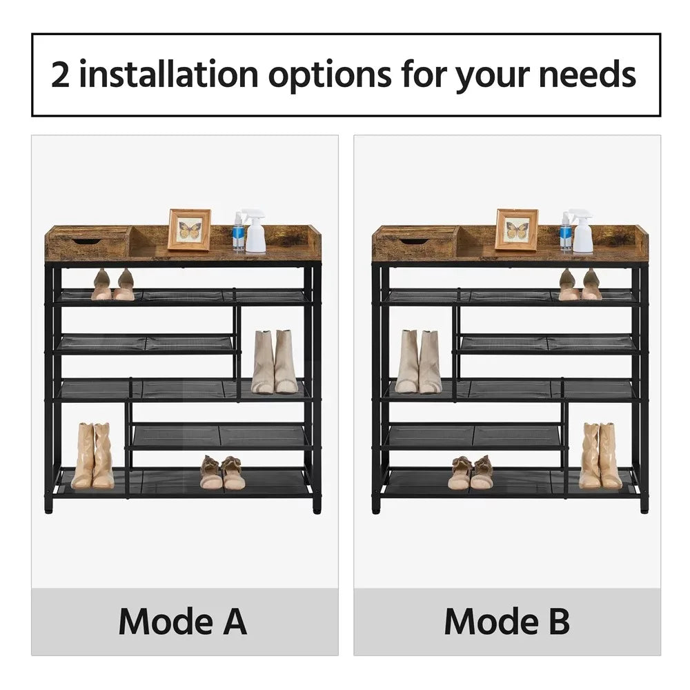 6-Tier Shoes Rack Organizer with Wooden Top, Rustic Brown - BOUSSAC - Farefe