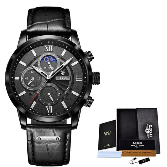 LIGE 2023 Luxury Brown Leather Casual Quartz Watch Men - Waterproof Chronograph - Farefe