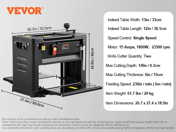 VEVOR 13" Benchtop Planer with Two-Blade 15-Amp Motor for DIY Woodworking - Farefe