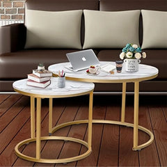 VILAWLENCE Round Coffee Table Set of 2 Modern Nesting Golden Frame Circular and Marble Pattern Wooden Stacking Accent