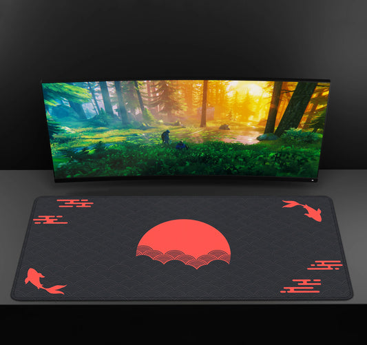 Japanese Desk Mat Black & Red Mouse Pad Koi Fish Sun Cloud Japan Art Seal Sunrise Large XXL Gaming Deskmat Rubber Mousepad - Farefe