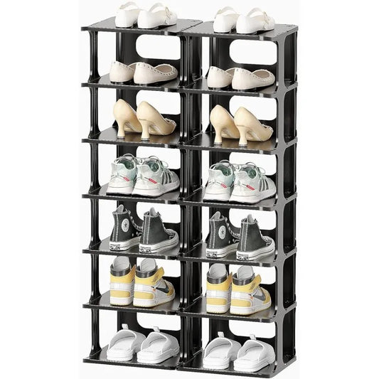 Plastic Shoe Rack 14 Tier Storage for Entryway Organizer Black Free Standing - Farefe