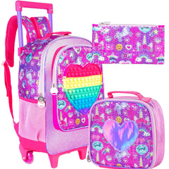 Rolling Backpack for Kids with Roller Wheels, Unicorn Dinosaur Bookbag, Suitcase School Bag Set - Farefe